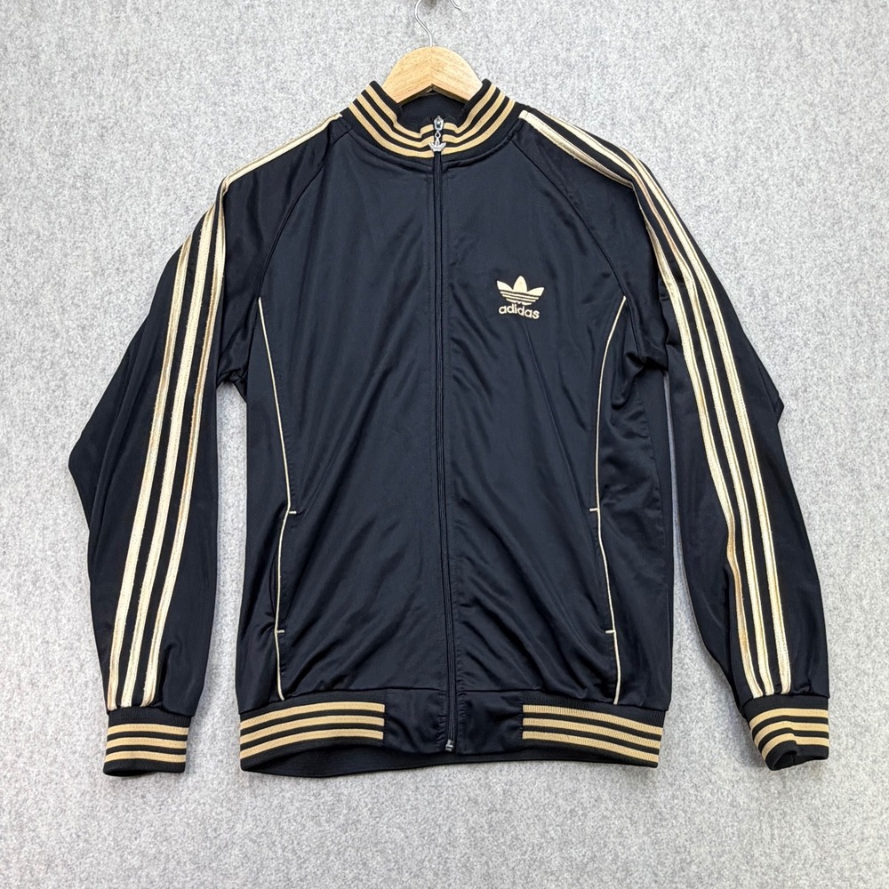 Vtg Adidas Originals Track Jacket Men L Black Gold Y2K Fully Embroidered Trefoil